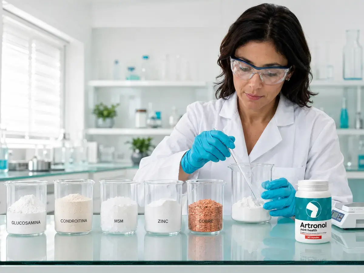 Escena de laboratorio con cinco envases de componentes